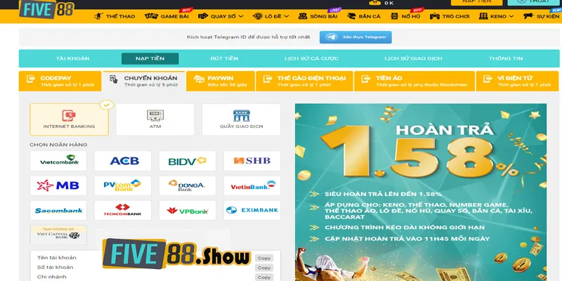 Nạp tiền Five88 qua các tài khoản ngân hàng